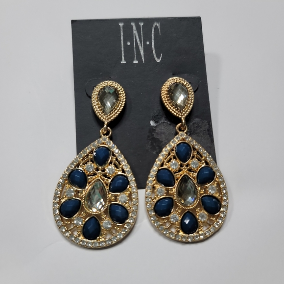 INC Gold Navy Blue Tear Drop Earrings Large - Picture 3 of 5